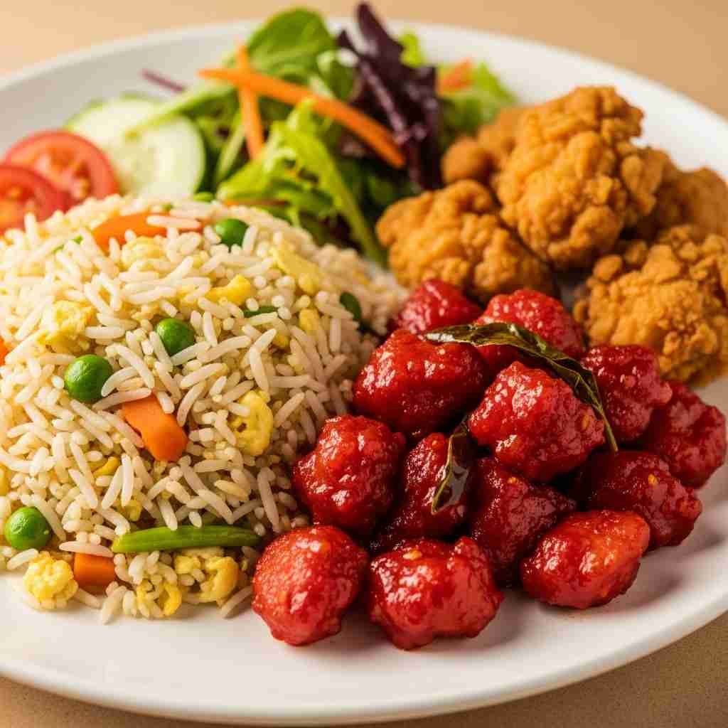 এগ ফ্রাইড রাইস + চাইনিজ ভেজিটেবল + রেড চিলি চিকেন + ক্রিসপি চিকেন ফ্রাই + সালাদ - Image 5